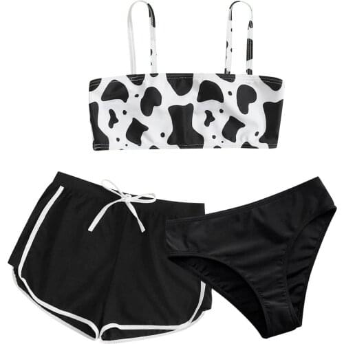 8-14 Years Girls Swimsuit 2021 Girls' Summer Cute Crisscross Back Cow Floral Print Three-piece Swimsuit 3pcs Girls Swimming Sets