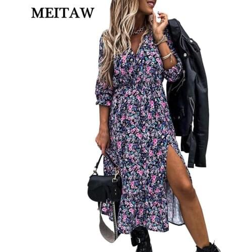 2020 Autumn Spring V Neck Long Floral Print Women Dress Ladies Long Sleeve Split Boho Dress Female Elegant Maxi Party Dress