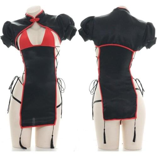 Chinese Style Retro Women High Slit Classic Improvement Cheongsam Underwear Set Cosplay Sexy Girl Cross Bandage Dress Lingerie