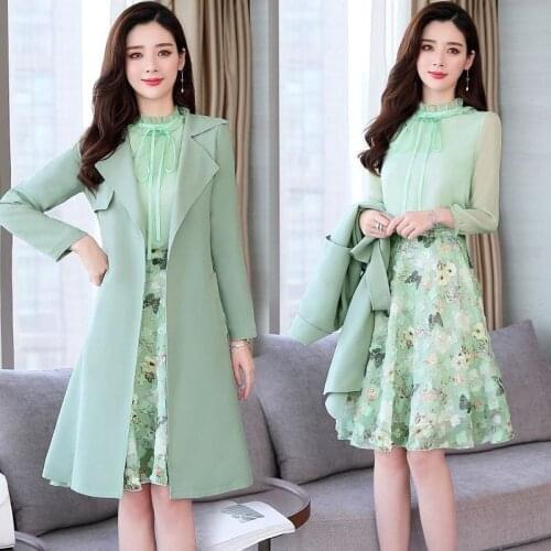 2021 New Fashion Trench Coat For Women Collocation Floral Dress Autumn Three-piece Suit Jacket Windbreaker Skirt Ladies Suit