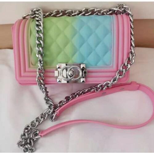 2021 Xianjian Summer Eelgant Pink Rainbow Jelly Handbag Quilted Jelly Purse Bag With Long Silver Chain