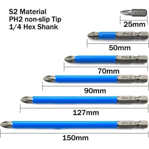 6Pcs/Set S2 PH2 25-150mm Hex Magnetic Anti Slip Electric Screwdriver Bits Power Tools