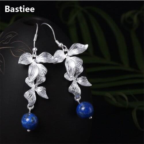 Bastiee Lapis Lazuli Beads Drop Earrings 925 Sterling Silver Jewelry For Women Flower Earings Handmade Luxury Gifts
