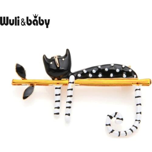 Wuli&baby Lazy Cat Sitting On The Tree Enamel Brooches For Women And Men Bouquet Pin 2019 New Fashion Jewelry