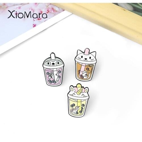 Bubble Tea Enamel pins With Animals Cute Cartoon Brooches Boba Milk Tea Penguin Cat Accessories for Bag Jacket Backpack Jewelry