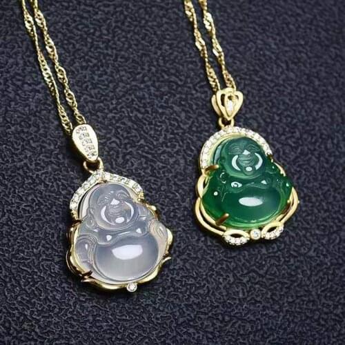 Iced Cz Yellow Gold Hip Hop Clear Green Jade Buddha Pendant Rope Chain Necklace