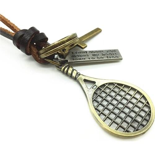 Long Casual Punk Vintage Bronze Racket Cross Pendant Men Women Brown Genuine Leather Necklace For Female Male Wholesale Jewelry