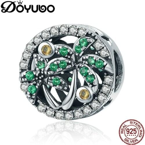 DOYUBO Hot Sale Summer Coconut Tree Shape DIY Beads With Green Cubic Zircon Woumens Cute Design Round Charms Accessories ADD045