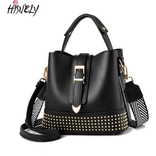 HISUELY Hot Sale Rivet Bucket Bag Women PU Leather Handbag Wide Strap Shoulder Bag Crossbody Bag Black Purses And Handbags