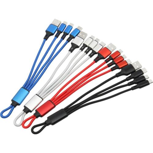 Short Nylon Charger 3 in 1 Data Cable for iPhone XS Max XR Samsung Mobile Phone Micro USB Type C Charging Keychain Cables Cord