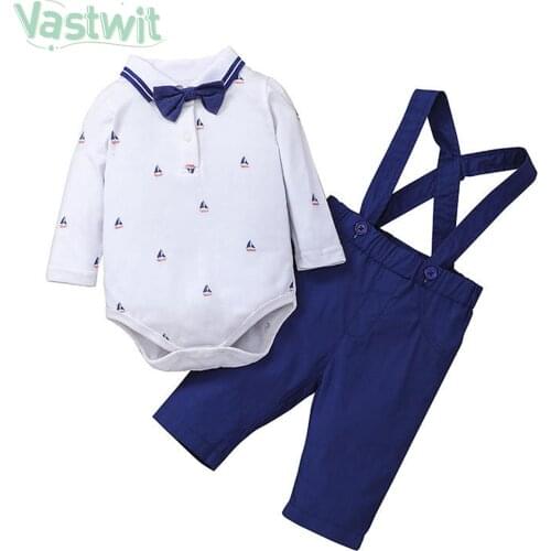 Newborn Baby Boy Gentleman Clothes Outfit Wedding Birthday Party Suit Tie Bow Sailboat Printed Romper+Belt Pants Clothing Sets