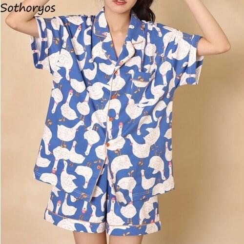 Summer Leisure Pajama Sets Women Teenagers Sleepwear New-arrival Shorts Printed Cozy Trendy Short Sleeve Females Lounge Popular