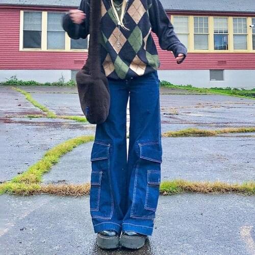 Fashion Women Casual Loose Style Jeans Solid Color High Waist Flared Denim Trousers with Side Big Pockets