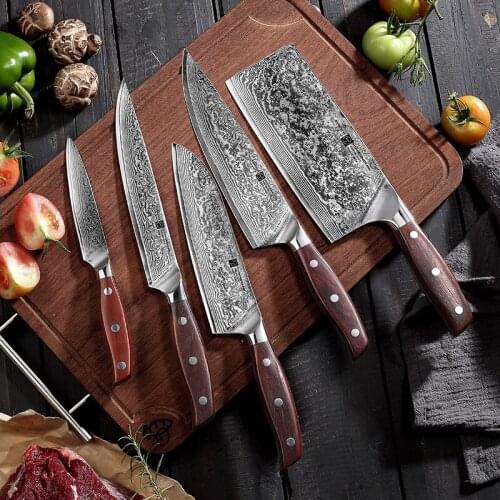 FANGZUO Kitchen device set 5-PCS kitchen knives Damascus Steel knives Utility Knives Dalbergia solid wood handle Family Gift