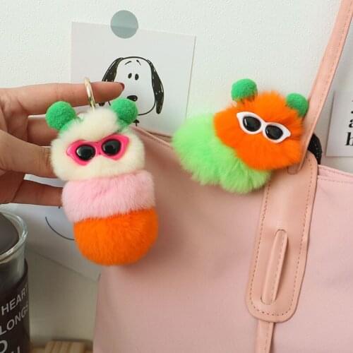New fur Caterpillar Pendant Bag ornaments Fluffy fur Pom Pom Ball Car Key Ring Women Gift Trinket Ring keychain
