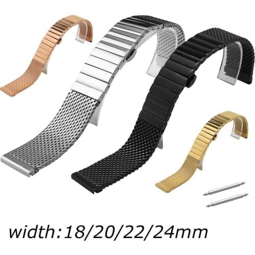 Stainless Steel Watch Band Single Link Watch Strap 18mm 20mm 22mm 24mm Butterfly Buckle Replacement Meshed Wristband w Pins