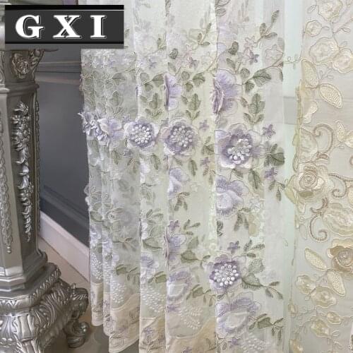GXI European High-end Luxury Window Screen Embossed Rope Embroidery Flower Tulle Curtain for Living Room Bedroom Beige Sheer