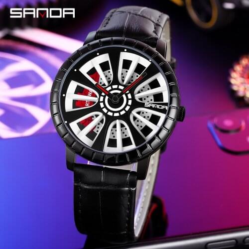 Sanda Mens Watches 2020 Modern Wheel Watch Sport Car Dial Quartz Clock Mlitary Waterproof Genuine Leather Strap For Male Table