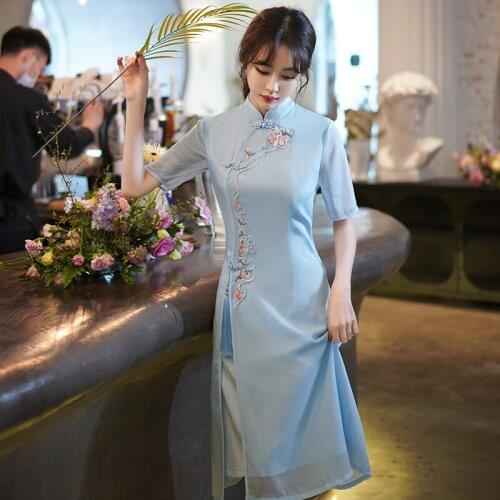 Vintage Embroidery Chiffon Qipao Women Summer Plus Size Improved Cheongsam Stand Collar Buckle Chinese Style Slim Midi Dress