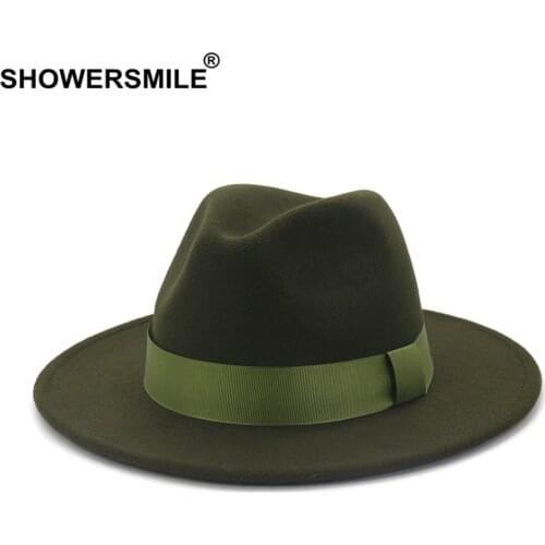 SHOWERSMILE Army Green Wool Felt Jazz Fedora Hats Men Women Wide Brim Sombrero British Style Trilby Formal Panama Cap Dress Hat