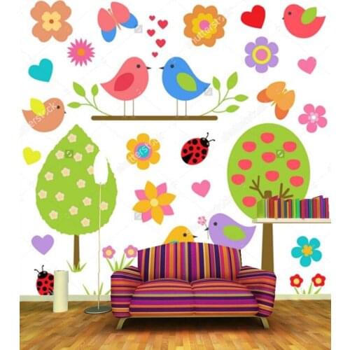 Lovely cartoon murals, the trees flowers birds in the spring wallpaper,living room sofa tv wall children bedroom papel DE parede