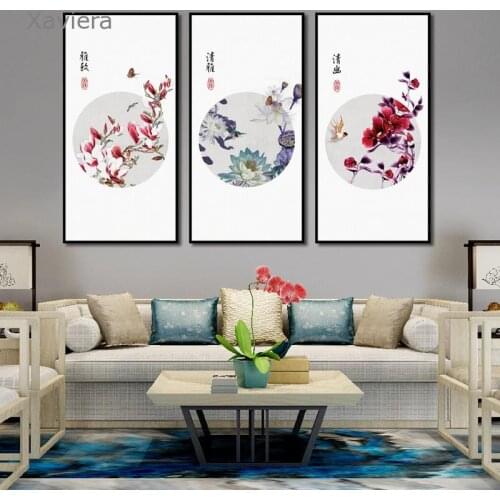 Three-Piece Floral Chinese Wall Art Poster Plum Blossom Orchid Lotus Canvas Painting Modern Home Decoration Living Room Picture
