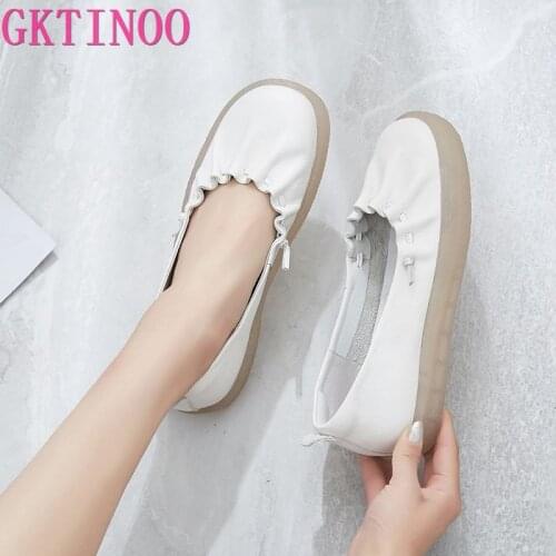 GKTINOO Womens Shoes Woman Female Ladies Mother Cow Genuine Leather White Shoes Flats Loafers Non-slip Soft Bottom