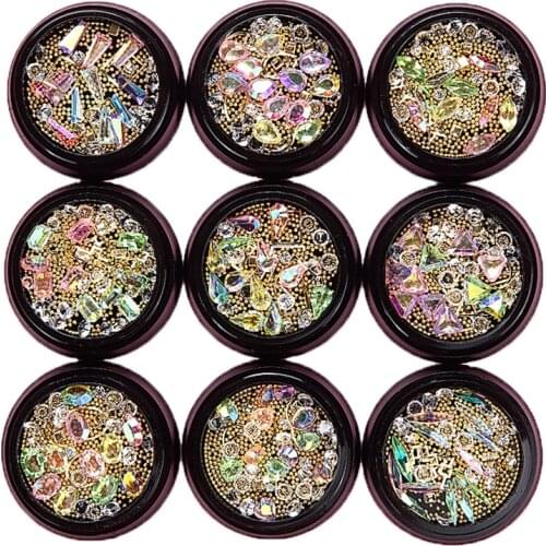 1 Box Mixed 3D Colorful Rhinestones Nail Art Decorations Gems Jewelry AB Shiny Metal Frame Steel Ball Charm Glass Accessories