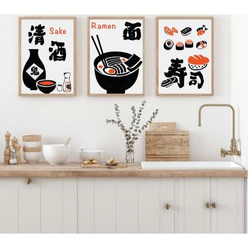 Japanese food prints, Suchi, sake, ramen, kitchen sushi prints, modern kitchen decoration, housewarming gifts, sushi sashimi, ch