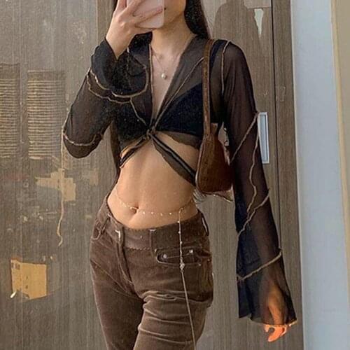 YiYiMiYu E-girl Aesthetics Bandage Black Mesh Crop Tops Pastel Goth Y2K Deep V-Neck Flare Sleeve Patchwork T-shirts Sexy Outfits