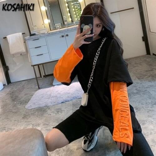KOSAHIKI 2021 Korean Letter Embroidered Streetwear Women Tops Harajuku Fake Two Pieces Loose Tee Shirt Casual Girl Tshirt 11a108