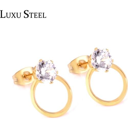LUXUSTEEL Pendientes Mujer Cubic Zirconia Stud Earrings Stainless Steel Hollow Out Round Pendants Lady Earrings Party Collier