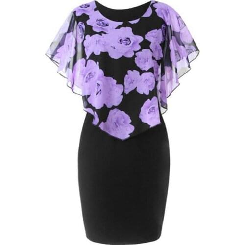 Plus Size Dresses Women Elegant Office Lady Rose Flower Print Cape Bodycon Dresses Knee Length Dress Female Party Vestidos