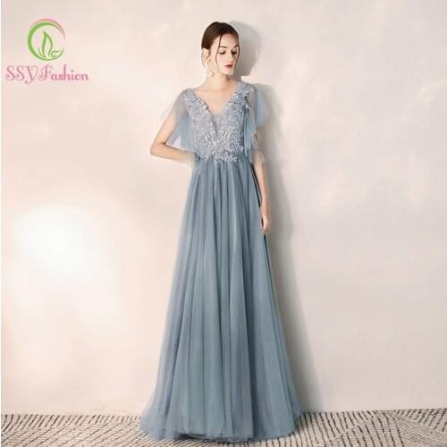 SSYfashion V Neck Flare Sleeves Lace Up Back Floor Length Blue Formal Dress Women Elegant Formal Dresses Evening Gown Custom