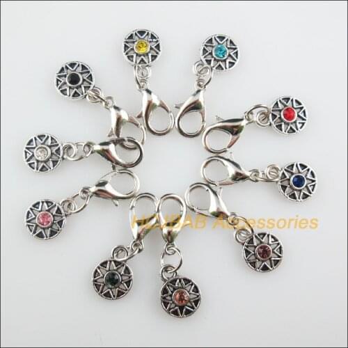 10 New Sun 8x11mm Charms Mixed Round Crystal Tibetan Silver Plated Retro With Lobster Claw Clasps