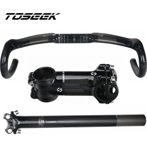 TOSEEK Glossy Carbon Fiber Bicycle Road Bike Handlebar Sets Parts Road Bent Bar + Seat Post + Stem