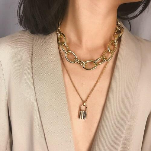 2pcs kit Punk Hollow Geometric Necklace Metal Lock Necklace Alloy Link Chains for Women Jewelry