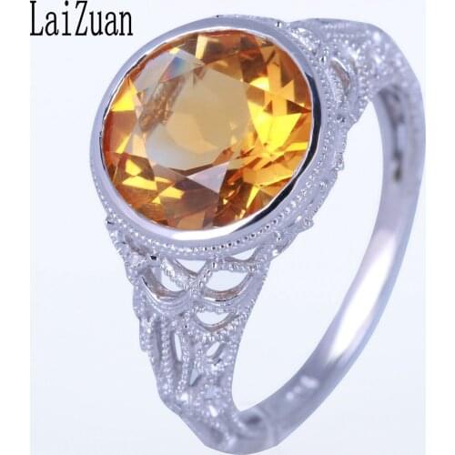 LaiZuan Real 10k White Gold Certified Round 3.05ct Genuine Natural Citrine Diamond Engagement Ring Women Vintage Antique Jewelry