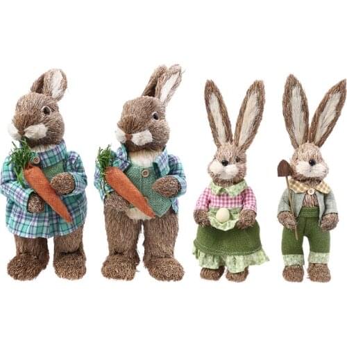 2Pcs Cute Straw Rabbits Bunny Decorations Easter Party Home Garden Wedding Ornament Photo Props Crafts