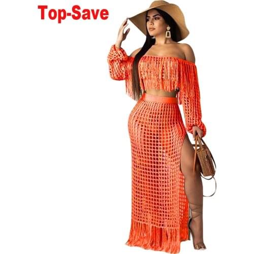 Fashion Summer Beach Two Piece Set Women Skirt Slash Neck Crop Top Tassel Loose Clothing Plus Size Temperament Sexy Outfits 3XL