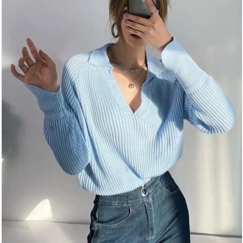 2021 Fashion Lapel Sweater Womens New Irregular Split Cuffs Loose Casual Pure Color Knitwear S668