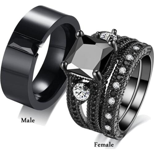 Elegant Couple Rings Zircon Inlay Stainless Steel Mens Black Ring Black Rhinestones CZ Womens Ring Sets Wedding Band Jewelry