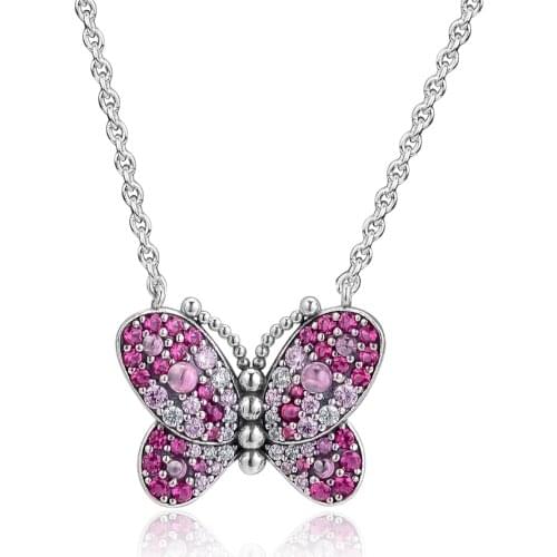 Genuine 925 Sterling Silver Dazzling Pink Butterfly Necklace for Women Fine Jewelry Crystal Necklaces & Pendants Colgantes
