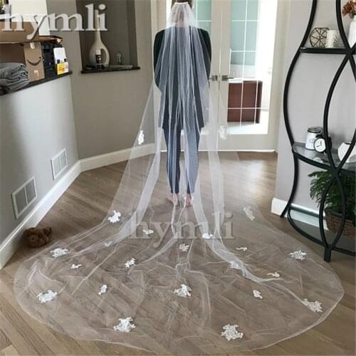 One Tier Lace Applique Wedding Veil 3M White Ivory Bridal Veil Long Veil with Metal Comb