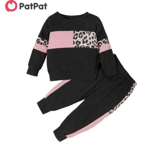 PatPat 2020 2-piece Baby Toddler Girl Splice Colorblock Leopard Print Long-sleeve Pullover and Pants Set Boy Kids Clothes