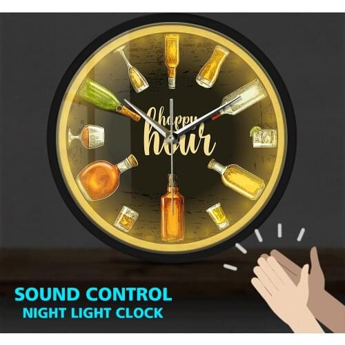 Beer Time Wine Booze Metal Frame LED Wall Clocks Sound Control Man Cave Pub Bar Wine Shop Decorative Watch Alcohol Winery Art