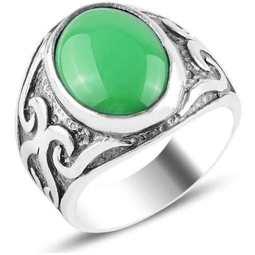 Silver 925 Sterling Green Agate Stone Ring