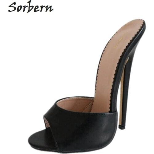 Sorbern Black Matt Women Slippers Open Toe Slides Ladies Spike High Heel 18Cm Runway Shoes Women 2018 Summer Slippers Size 46