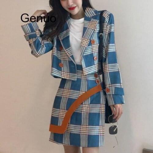 Two Piece Plaid Skirt Suit Set Women Korean Style Female Set Mini Skirt & Short Jackets Double Breasted Spring Autumn Women Suit