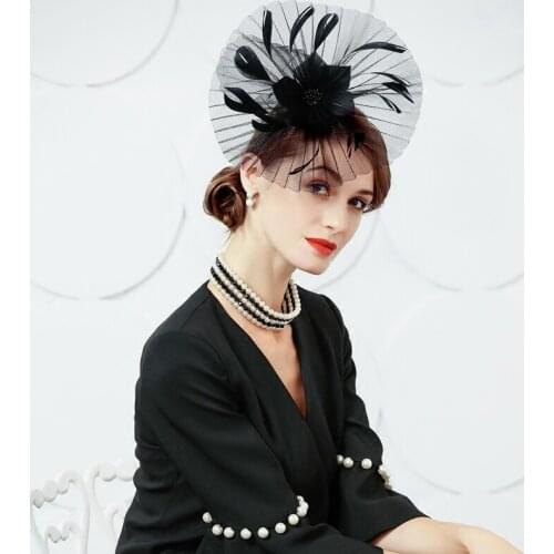 Lady Black Wedding Dress Hat Ladies Elegant Formal Evening Linen Fedora Hat Women Feather Vintage Kentucky Derby Cap B-8225